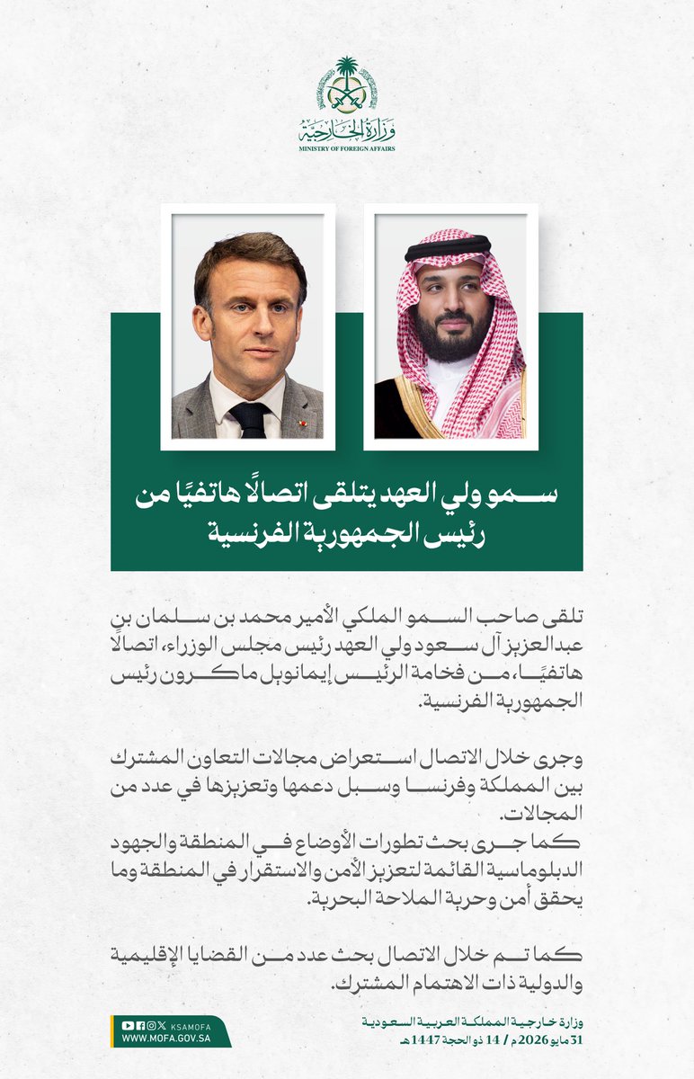 KSAMOFA's tweet photo. سمو #ولي_العهد يتلقى اتصالًا هاتفيًا من رئيس الجمهورية الفرنسية، جرى خلاله استعراض مجالات التعاون المشترك بين البلدين وسبل دعمها وتعزيزها في عدد من المجالات، وبحث تطورات الأوضاع في المنطقة والجهود الدبلوماسية القائمة لتعزيز الأمن والاستقرار وما يحقق أمن وحرية الملاحة البحرية، إضافة إلى بحث عدد من القضايا الإقليمية والدولية ذات الاهتمام المشترك.