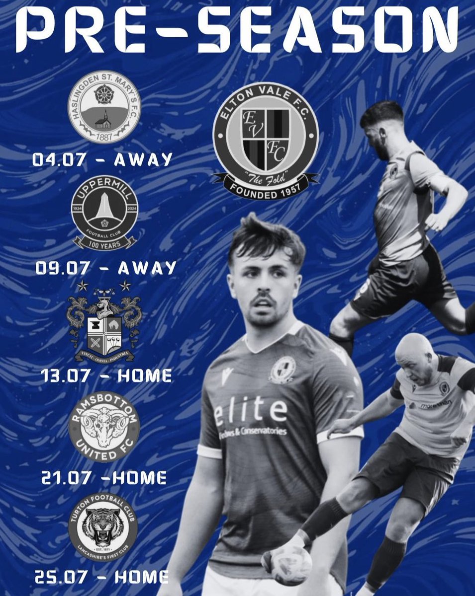 EltonValeFC's tweet photo. ⚽️📆PRE SEASON FIXTURES📆⚽️

A very competitive set of Pre Season Fixtures have been organised ahead of our 1st Teams 2026/2027 season ! 

@HassyMarysFC 
@Uppermill_FC 
@buryfcofficial
@RamsbottomUtd 
@Turton_FC 

#UTV🔵⚫️ https://t.co/7SCA8WcZRz