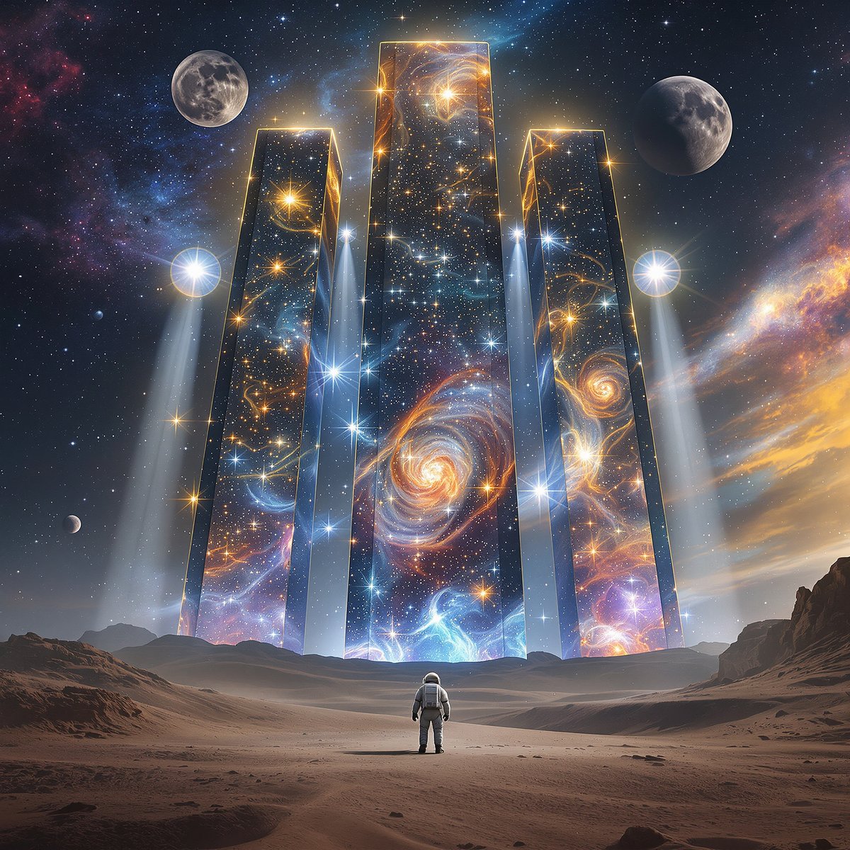 DiffusionArt_'s tweet photo. 🌌 Humanity's first contact.

A lone astronaut meets celestial beings made of stars and galaxies on a distant world beneath two moons.

Follow for more AI art. Link in bio.

#AIArt #SciFi #SpaceArt #ConceptArt #Astronaut https://t.co/1onCAqPeCG