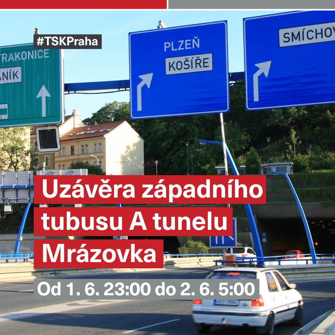 TSKPraha's tweet photo. 🛑 ❗ Z důvodu mytí proběhne dnes od 23:00 do úterý 2. 6. 2026, do 5:00 (tj. 1 noc) uzávěra západního tubusu A (směr Barrandovský most) tunelu Mrázovka. Druhý tubus bude  jednosměrný s původním směrem provozu. https://t.co/M6qLhWxuYo