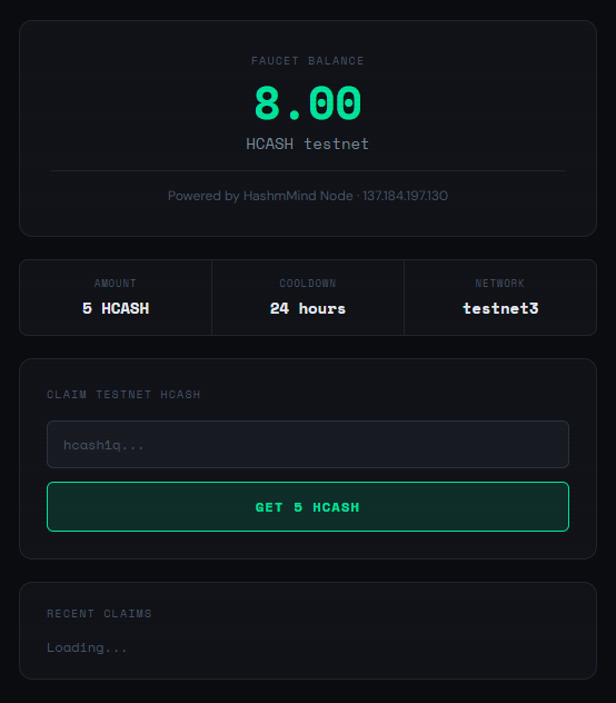 HashMindTools's tweet photo. Our HCASH testnet faucet is now live and will be funded!

5 HCASH per 24hours.

https://t.co/AcaTzaBXYP https://t.co/FNUDJgIhEd