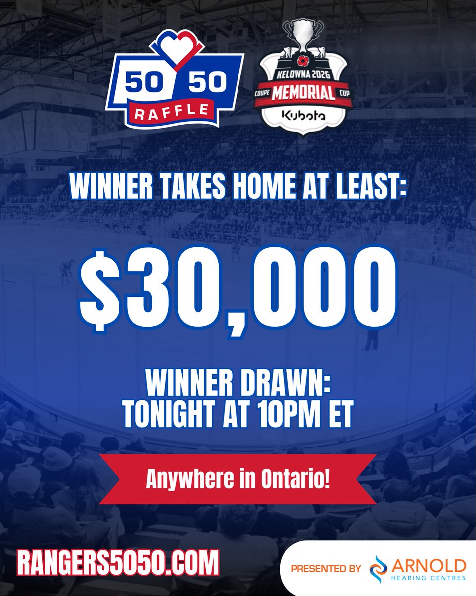 RangersReachWR's tweet photo. Memorial Cup Jackpot Now Over $30,000 Take-Home! 🚨

Tickets at https://t.co/yjaDIc4slq, at the Aud, or by texting “WIN” to 95050. Std msg &amp; data rates may apply.

Winner drawn at 10:00pm ET TONIGHT! https://t.co/PK9lIYMlLl
