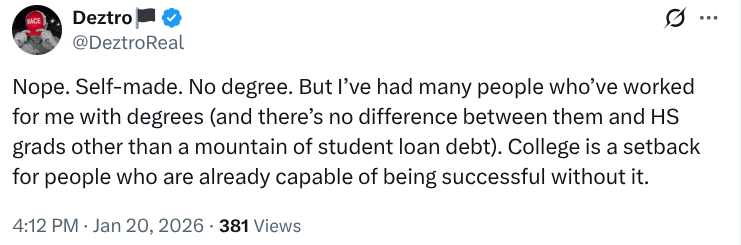 DatumMark's tweet photo. @DeztroReal @Pro__Trading Says the guy who didn't go to college. 😜

Wow, you sure have a lot to say about people with college degrees (countless posts). 
#GreenEyedMonster #inadequacy https://t.co/pBTUtAkW7s