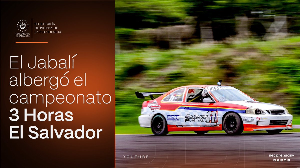 SecPrensaSV's tweet photo. #3Horas | Este domingo, se llevó a cabo el campeonato 3 Horas El Salvador en el Autódromo Internacional El Jabalí, ubicado en el distrito de Quezaltepeque, La Libertad Norte, que reunió a destacados pilotos de más de 30 equipos de Centroamérica y Estados Unidos. Conozca más acá: https://t.co/9VOIyYktjD. #SecretaríaDePrensa