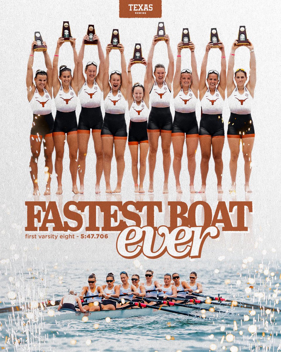 TexasRowing's tweet photo. Texas just does it best 🤘

world-best time at 5:47.06 from our I Varsity Eight to secure another Natty‼️

#HookEm | #HereComesTexas https://t.co/YqrWc9pBvc