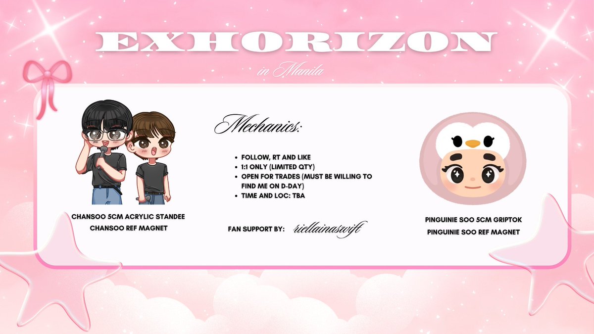 riellainaswift's tweet photo. *´¯`*.¸¸.*´¯`* ＥＸＯＰＬＡＮＥＴ ＃ ６ *`¯´*.¸¸.*`¯´*

𝐄𝐗𝐡𝐎𝐫𝐢𝐳𝐨𝐧 𝐢𝐧 𝐌𝐚𝐧𝐢𝐥𝐚 fan support by: @riellainaswift

🗓️ July 4 &amp; 5, 2026
📍 Mall of Asia Arena

See youuu there ~

#EXO #엑소 #EXOPLANET #EXhOrizon #EXhOrizoninMANILA https://t.co/taDquTeRAM