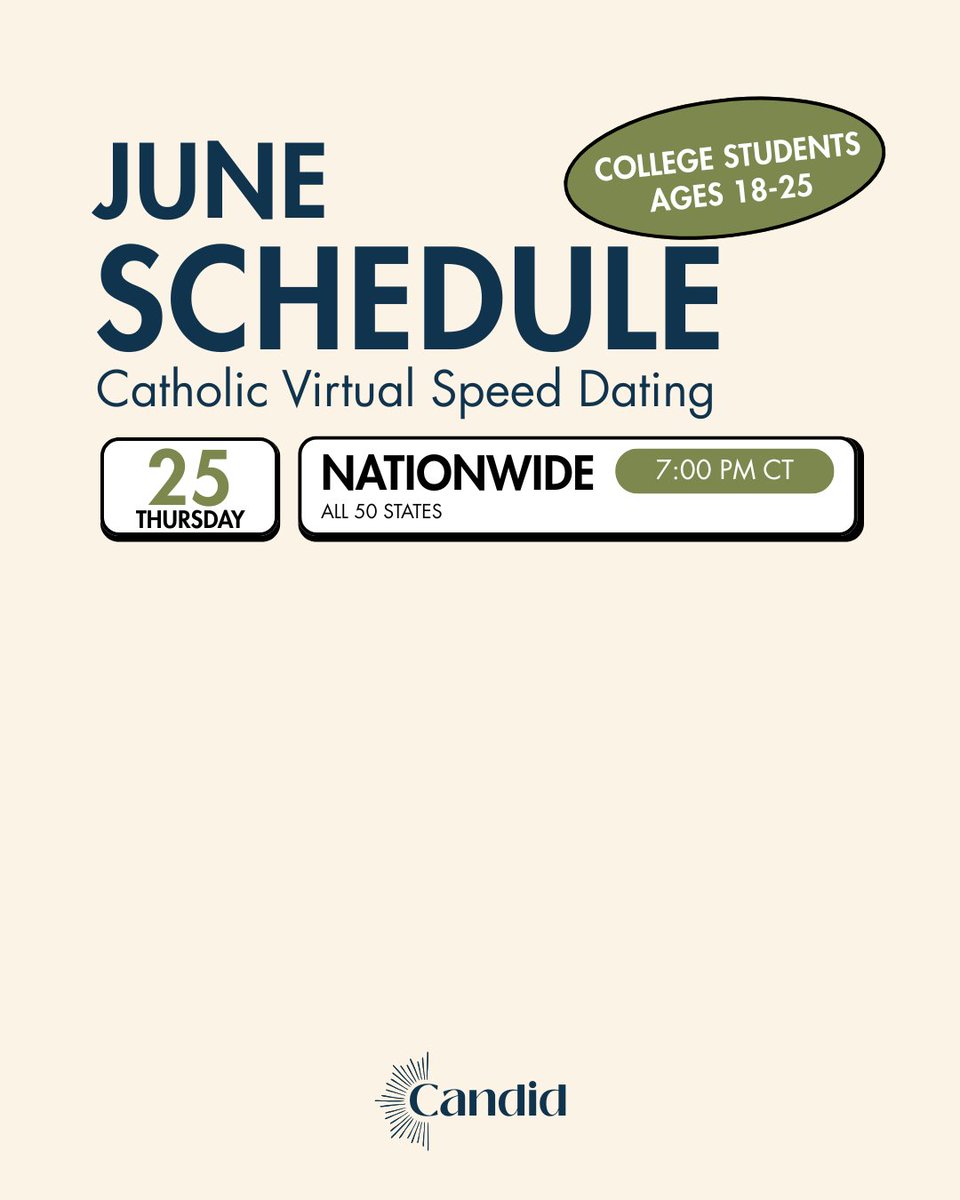 candid_dating's tweet photo. Browse the full June schedule, find an event that fits you, and reserve your seat before spots fill up.

Download the Candid Catholic Dating app to get started! 📲

#CandidDating #CatholicDating #SpeedDating #Catholicism #CatholicSingles https://t.co/Zf0nyILmpZ