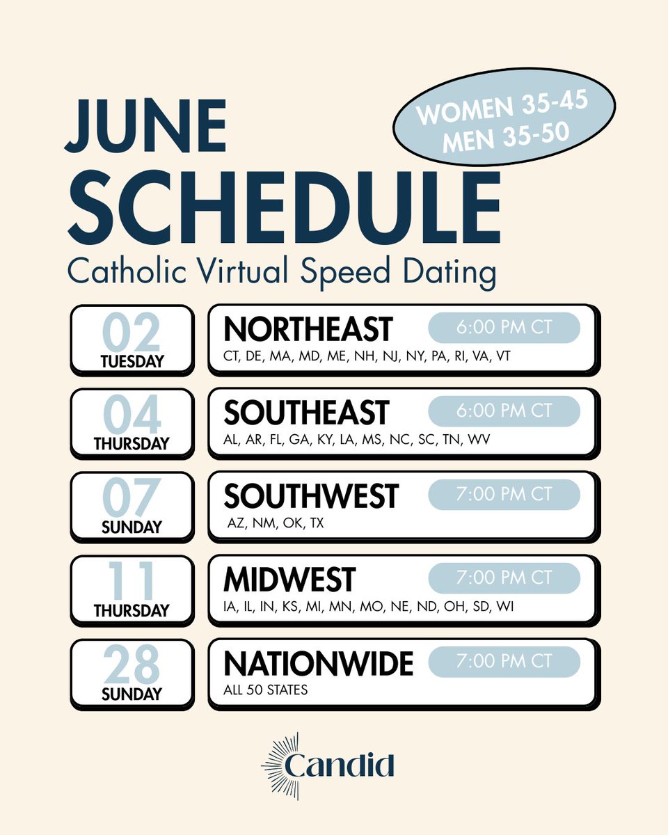 candid_dating's tweet photo. Browse the full June schedule, find an event that fits you, and reserve your seat before spots fill up.

Download the Candid Catholic Dating app to get started! 📲

#CandidDating #CatholicDating #SpeedDating #Catholicism #CatholicSingles https://t.co/Zf0nyILmpZ