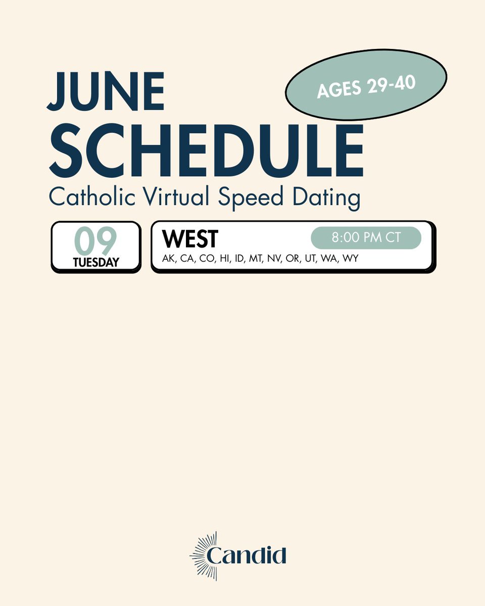 candid_dating's tweet photo. Browse the full June schedule, find an event that fits you, and reserve your seat before spots fill up.

Download the Candid Catholic Dating app to get started! 📲

#CandidDating #CatholicDating #SpeedDating #Catholicism #CatholicSingles https://t.co/Zf0nyILmpZ