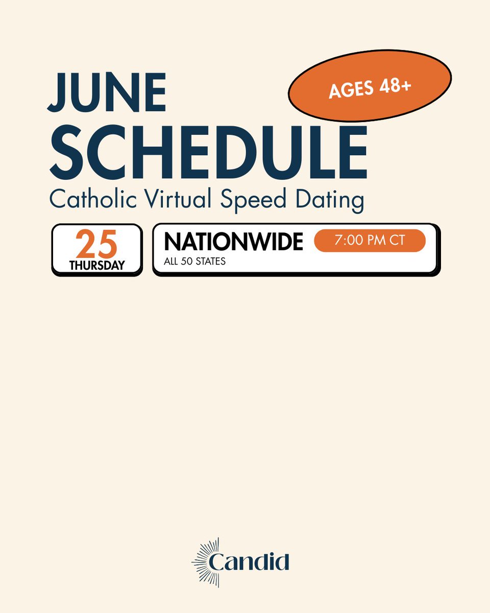 candid_dating's tweet photo. Browse the full June schedule, find an event that fits you, and reserve your seat before spots fill up.

Download the Candid Catholic Dating app to get started! 📲

#CandidDating #CatholicDating #SpeedDating #Catholicism #CatholicSingles https://t.co/Zf0nyILmpZ