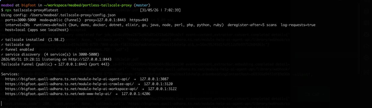 meabed's tweet photo. no port mapping, no ever changing urls, proxy anything running locally with tailscale super easy 
$ npx tailscale-proxy@latest https://t.co/RRWmE3st1O