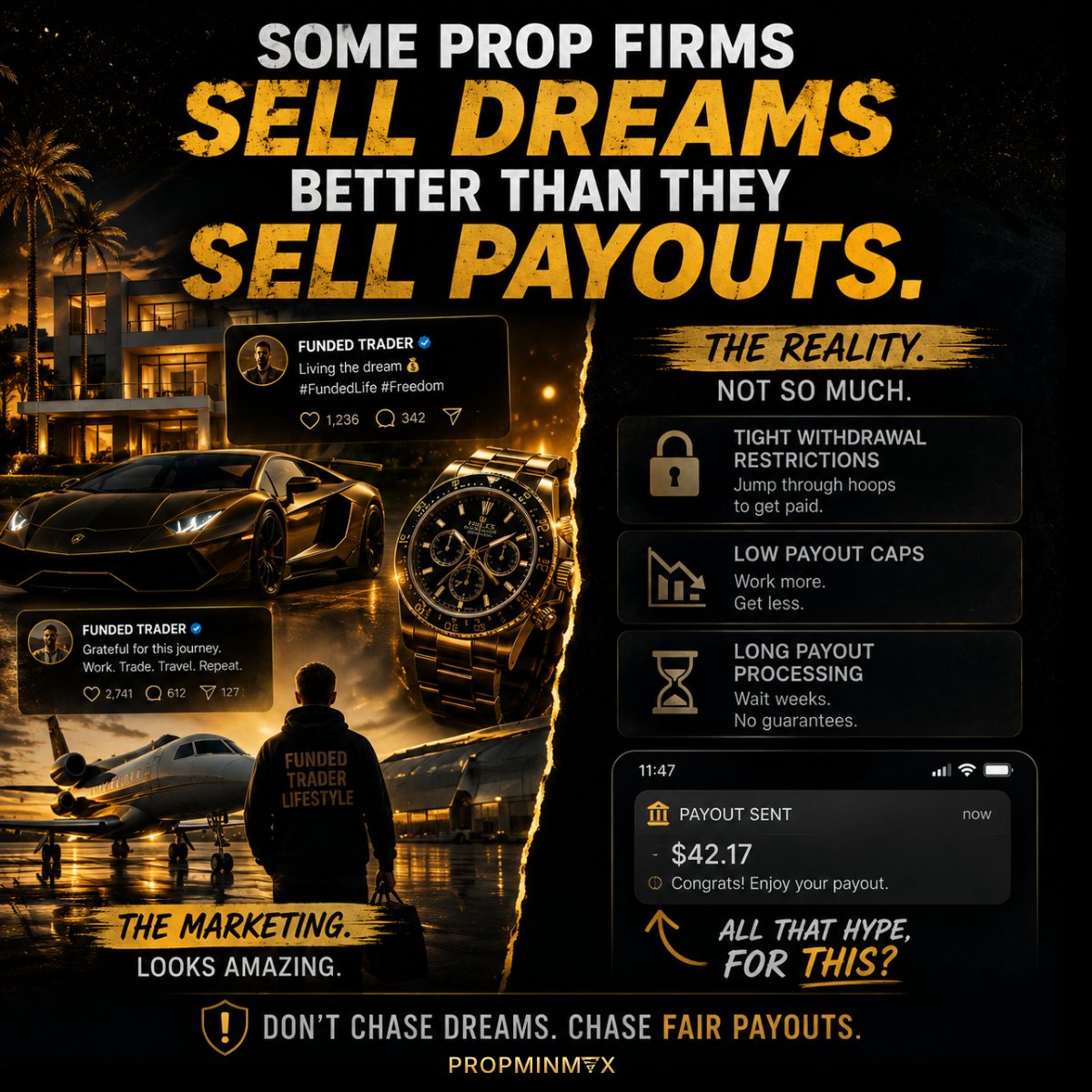 PropMinMax's tweet photo. Some prop firms sell dreams better than they sell payouts.

Meanwhile the rules, caps, and withdrawal restrictions tell a very different story.

What matters more to you?

The marketing...
or the payout policy? https://t.co/1HUQcQQ15Z