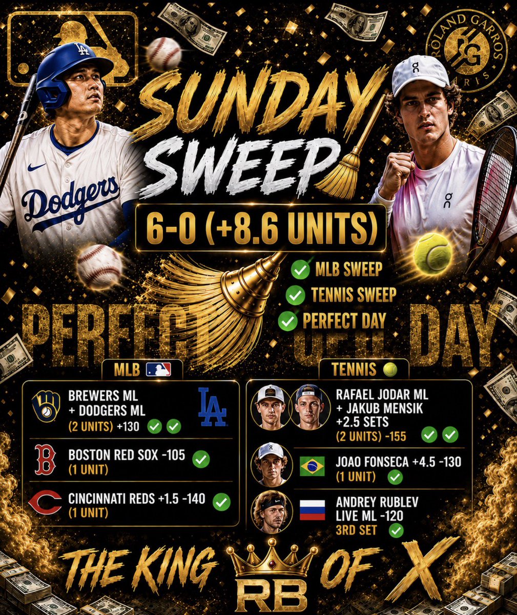 RBsSportsPlays's tweet photo. Like/Retweet/Comment 5 People to get a Free Week of VIP 🔔 

BREAK OUT THOSE BROOMS BABYYY

That’s a Perfect Sunday Sweeeepppp  🧹 

6-0 +8.6 Units 🐐 

I AM THE KING OF #Gambling𝕏  👑 https://t.co/7fNZO6oUjm