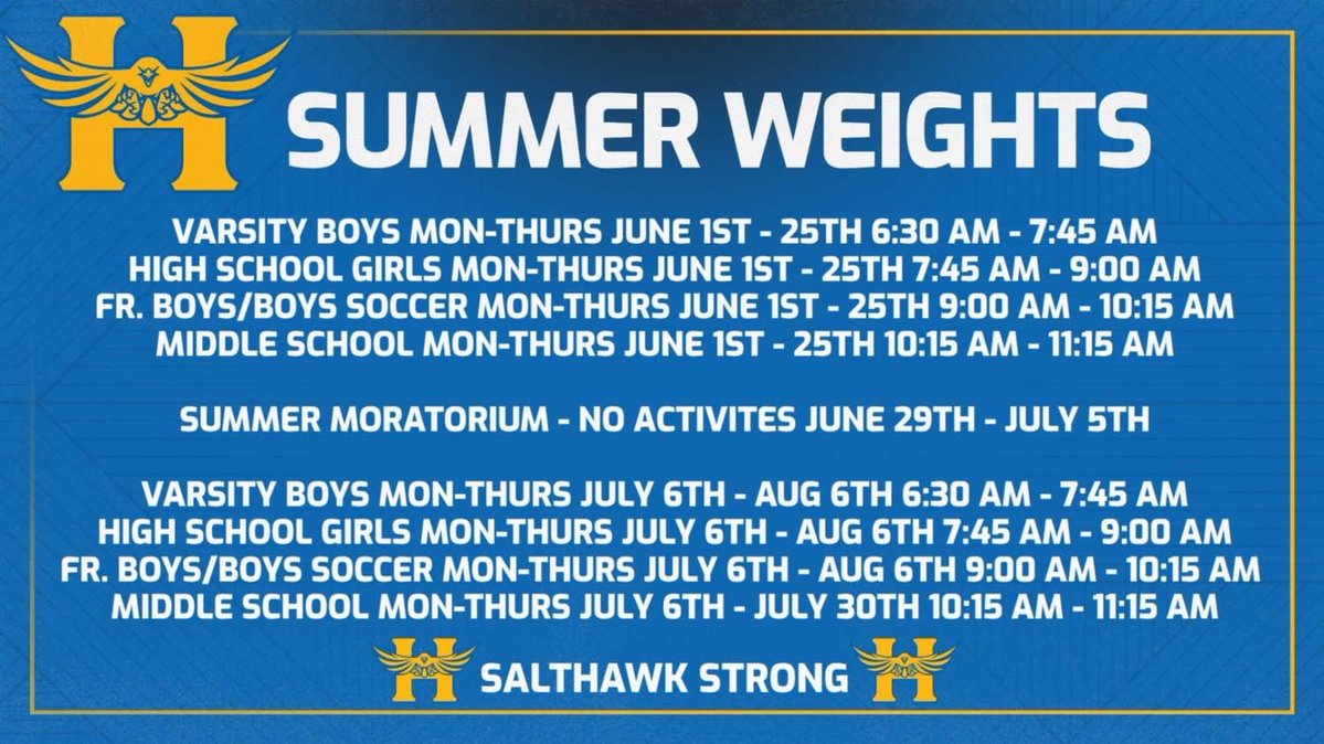 salthawkad's tweet photo. SUMMER WEIGHTS STARTS TOMORROW
HUTCHINSON HIGH SCHOOL NORTH GYM
1, Text a teammate
2, PIck them up and bring them with you
3. Don't worry everyone starts somewhere
4. No one regrets going to weights after the workout is complete
5. Consistency is key https://t.co/NDY9oo1eBk