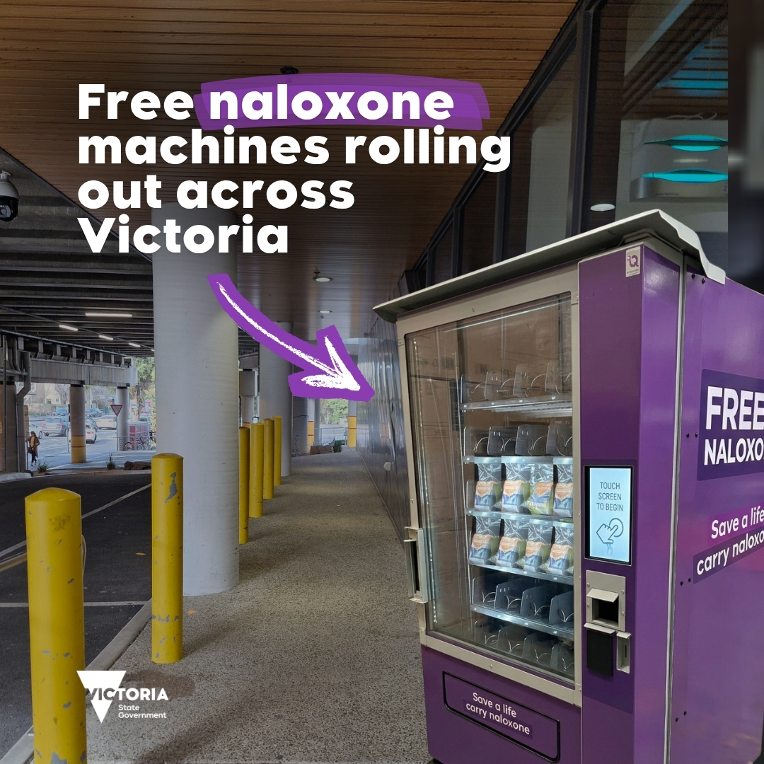 VicGovDH's tweet photo. Victoria is rolling out naloxone dispensing machines. They offer free, 24/7 access to medication that can reverse an opioid overdose. 20 machines will roll out across metro and regional areas where they’re needed most. 

Find out more: https://t.co/wfqIrvZzF2 https://t.co/uvUgxSQfLN