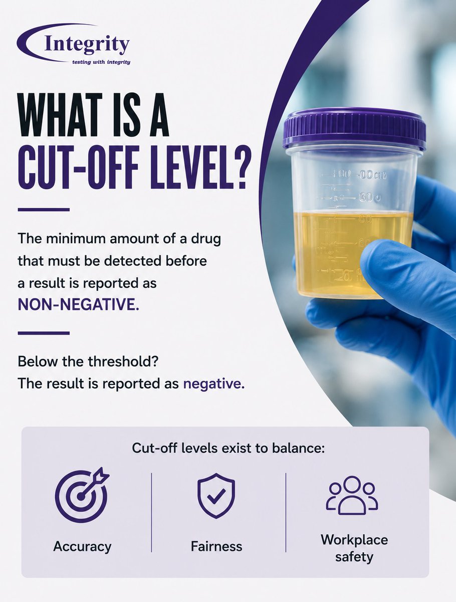 IntegSampling's tweet photo. Workplace drug testing cut-off levels are there for a reason. ⚖️

They help:
✔️ Reduce false results
✔️ Improve consistency
✔️ Support safer workplaces

Have questions about workplace drug &amp; alcohol testing? Our Integrity team is always happy to chat 👋 https://t.co/mHEfq0tF9b