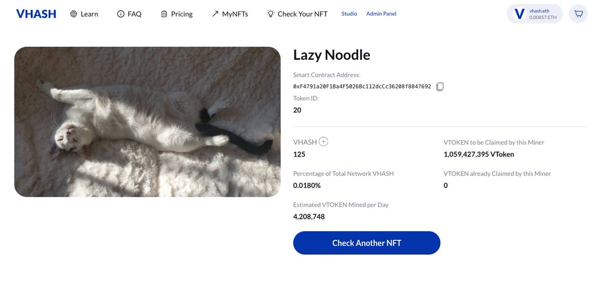 jonmmiles's tweet photo. When we deployed our virtual mining algorithm we planned for 10 years to mine 100 trillion tokens using any ERC721. Now with our update it will likely take longer. Anyway, now you can mint a selfie, upload a video, buy a collectible, or onboard something you own. My cat Noodle has mined over a billion vtokens.