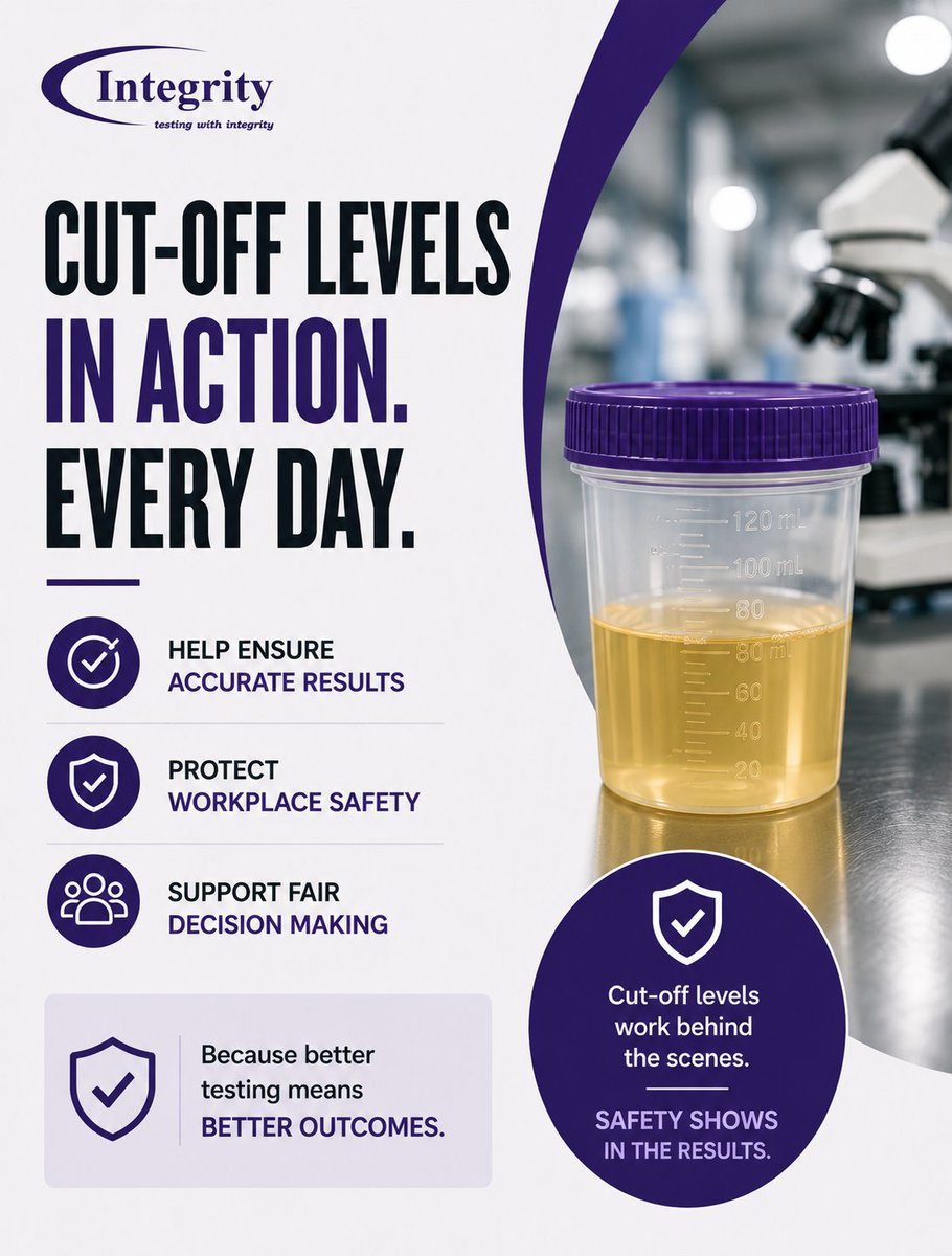 IntegSampling's tweet photo. Workplace drug testing cut-off levels are there for a reason. ⚖️

They help:
✔️ Reduce false results
✔️ Improve consistency
✔️ Support safer workplaces

Have questions about workplace drug &amp; alcohol testing? Our Integrity team is always happy to chat 👋 https://t.co/mHEfq0tF9b