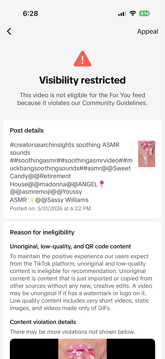 lipscloseup's tweet photo. TikTok restricted my ASMR candy video with no clear explanation. The content is harmless, non-violent, and similar to countless ASMR videos already on the platform. Creators deserve transparency and consistent moderation decisions. https://t.co/C6gwh2EQU9