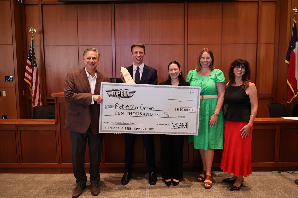 BaylorLawSchool's tweet photo. Congrats to Rebecca Goren of UC Berkeley Law, winner of Baylor Law School’s Top Gun XVII National Mock Trial Competition. Ali Alekri of New York University School of Law was this year’s finalist. Special thanks to competition sponsor MG+M The Law Firm and all of today’s judges. https://t.co/Vff8GR87VL
