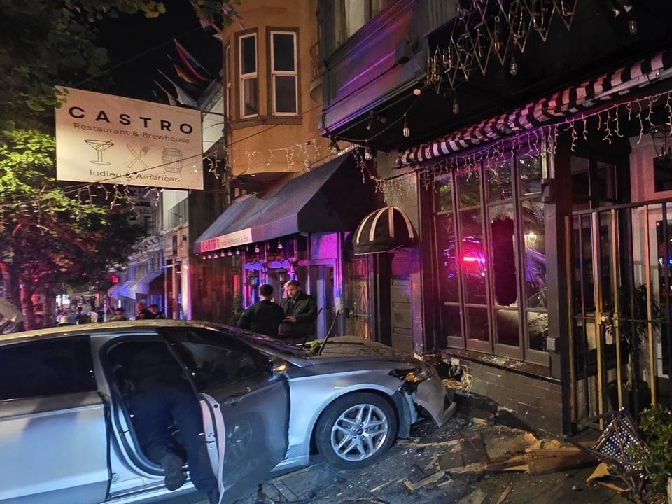 Hoodline's tweet photo. A late-night crash tore through two popular Castro Street parklets and slammed into a restaurant wall. Surveillance footage captured what happened next, and neighbors say the driver may already be known to police. https://t.co/0RBSt6tYcD
