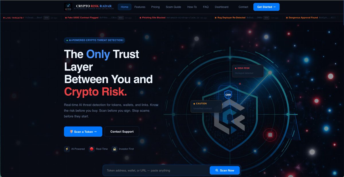 cryptoriskradr's tweet photo. We built a crypto scanner that caught 3 honeypots this week before they rugged.

Free. No wallet connection. No signup required.

Paste any token, wallet, or link. Get the risk verdict in seconds. 
https://t.co/CA49P14pEF

#crypto #DeFi #Solana #BitcoinScam https://t.co/dP8YJCMLoc