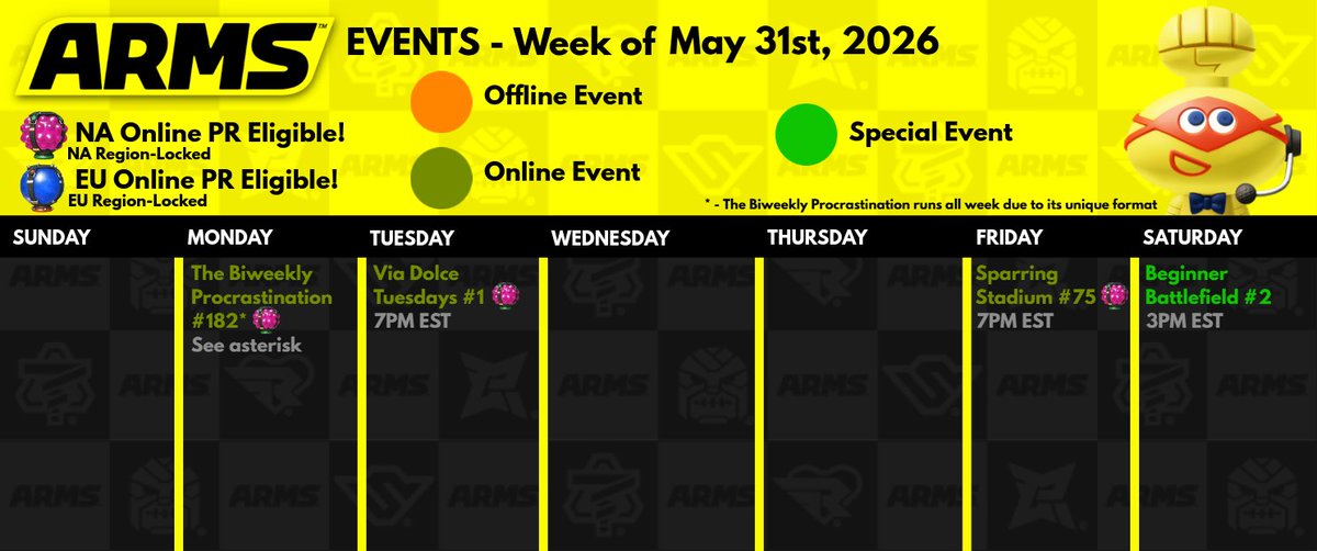 ARMSCentral's tweet photo. Somehow the NA PR returned...

This week's #ARMS events are run by @OhioARMS, Plingus, @T3kn0path1c and @thenamesvirxz. 

This week has a new event- so check below for more info. Otherwise, our Discord has all the other juicy details.

🥊 #ARMSNICE #NintendoARMS 🥊 https://t.co/UyAmfolhyp