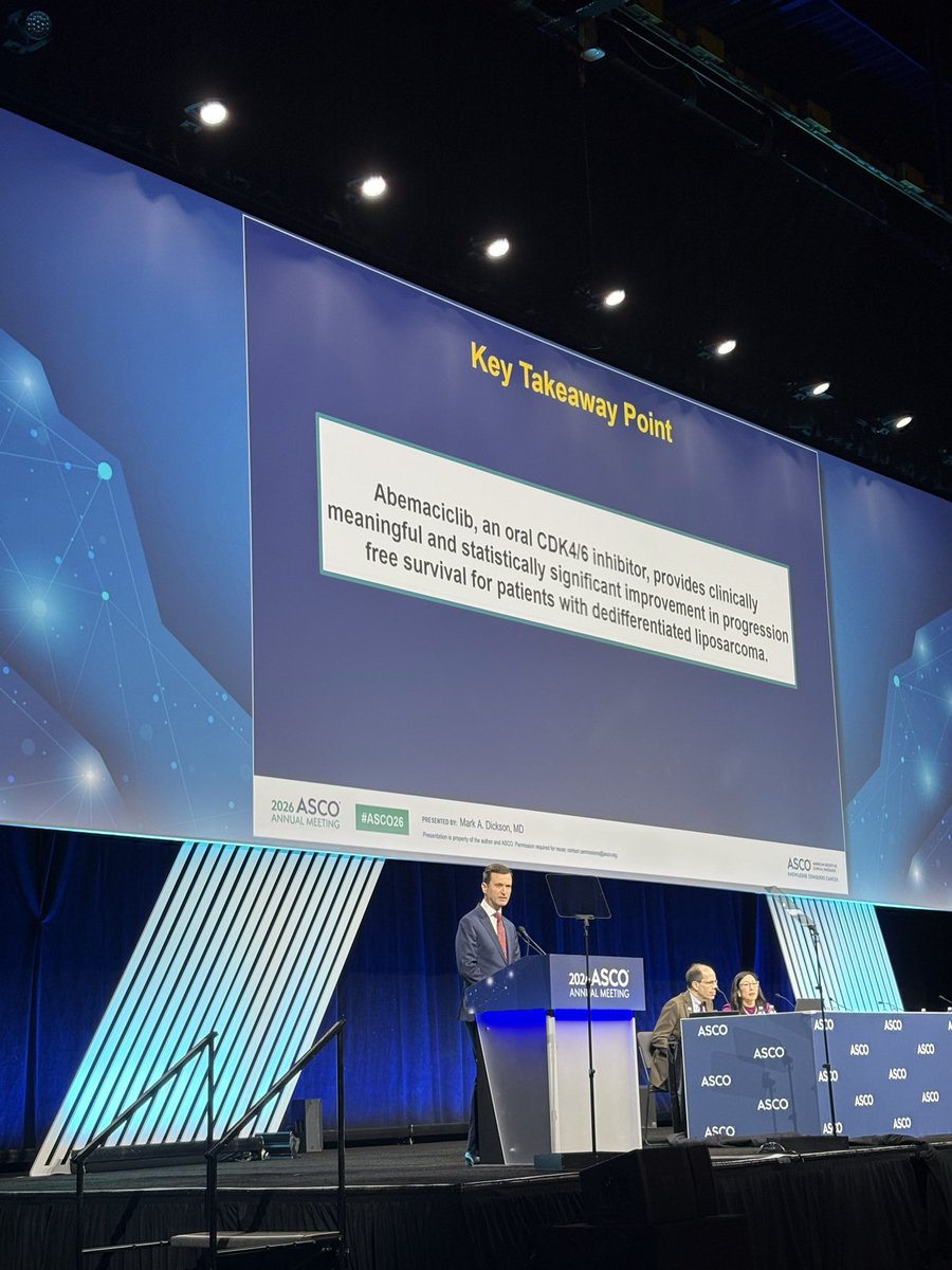 fdossa's tweet photo. SARC041: confirms clinical activity of abemaciclib for pts with advanced dediff liposarcoma ✅

👏🏽 to Mark Dickson @MSKSarcoma on this work and Paolo Casali @casali_pg @IstTumori for an excellent discussion

Open❔role in resectable disease

#ASCO26 https://t.co/5EcNctlAUe