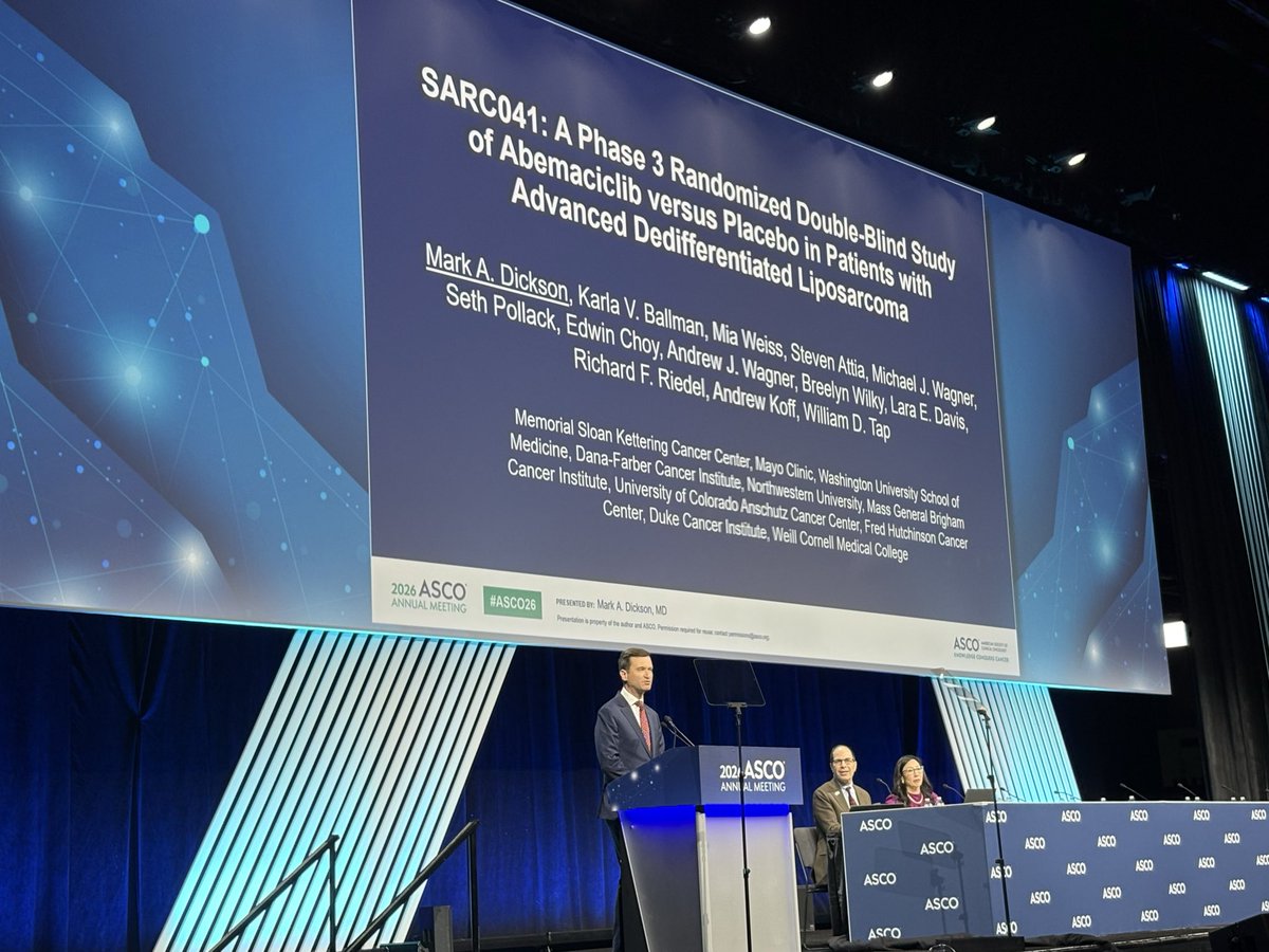 fdossa's tweet photo. SARC041: confirms clinical activity of abemaciclib for pts with advanced dediff liposarcoma ✅

👏🏽 to Mark Dickson @MSKSarcoma on this work and Paolo Casali @casali_pg @IstTumori for an excellent discussion

Open❔role in resectable disease

#ASCO26 https://t.co/5EcNctlAUe