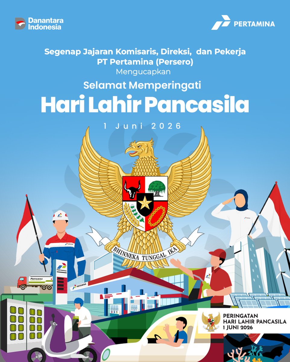 pertamina's tweet photo. Selamat Hari Lahir Pancasila! 🇮🇩✨

Terus bergerak dalam keberagaman, menjadi bagian dari energi baik untuk Indonesia dengan nilai-nilai luhur dasar negara.

#HariLahirPancasila2026
#EnergizingIndonesia https://t.co/Fob6dVxRGA