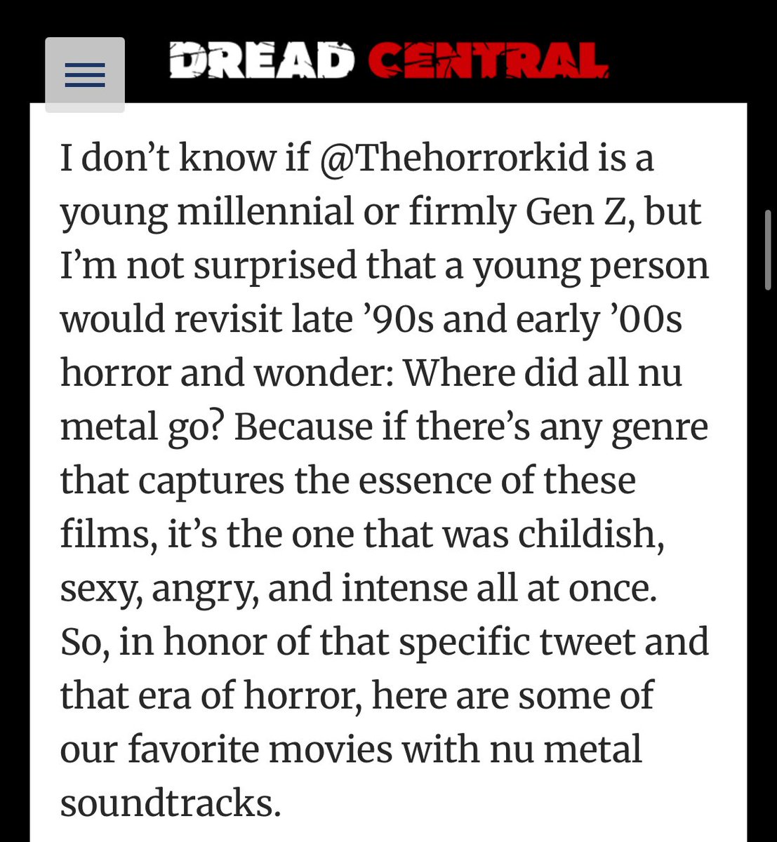 Thehorrorkid's tweet photo. I was casually smoking a joint, blasting KoRn, and reading an article about nu metal and saw myself featured in it 🧍🏾‍♂️ https://t.co/nEWey88M20