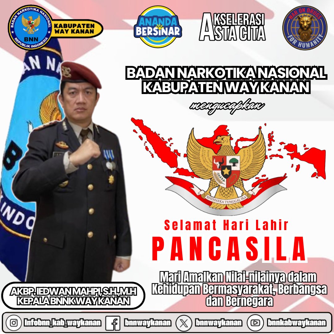 BnnWaykanan's tweet photo. BADAN NARKOTIKA NASIONAL KABUPATEN WAY KANAN MENGUCAPKAN SELAMAT HARI LAHIR PANCASILA "MARI AMALKAN NILAI-NILAINYA DALAM KEHIDUPAN BERMASYARAKAT, BERBANGSA DAN BERNEGARA" https://t.co/AQmPJVh1vF