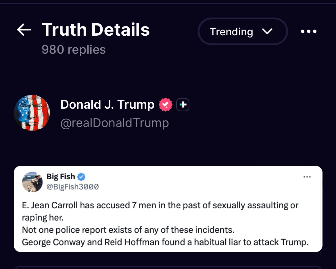 ABC7Jory's tweet photo. President Trump has twice been found liable for defamation against E. Jean Carroll and been ordered to pay her $88.3 million in damages. Today he reposted this which calls Carroll “a habitual liar”: https://t.co/uoBu7cVyYt