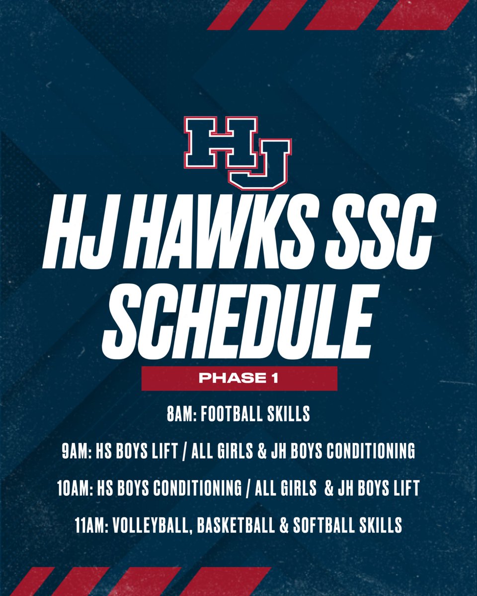 Coach_ZBass's tweet photo. HJ Hawks SSC begins June 1!

Link to Pay &amp; Register: https://t.co/K07AGh82D2

Questions about HJ Hawks SSC?
 E-Mail AD Secretary Sharon Peveto (sharonpeveto@hjisd.net), Girls Coordinator Talon Morgan (talonmorgan@hjisd.net) or AD Zach Bass (zachbass@hjisd.net).
#WeFlyTogether🦅 https://t.co/WW3ykW3RIt