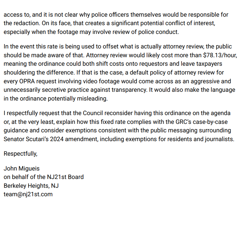 BerkeleyWatch's tweet photo. NJ21st sent @cityofsummitnj a letter regarding an ordinance being introduced on the upcoming June 3 Common Council agenda that raises questions and concerns.

We sincerely hope the Mayor and Members of the Common Council will reconsider their position, halt the introduction of this measure, and protect public transparency by creating exemptions for residents and journalists.