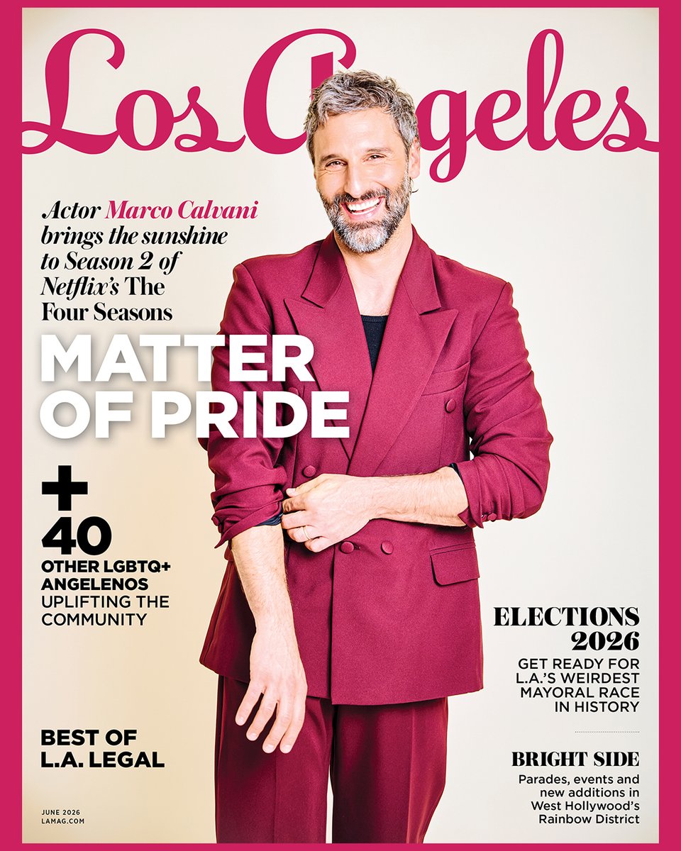 LAmag's tweet photo. Our June Pride cover stars Marco Calvani of Netflix’s The Four Seasons. We also spotlight 40+ LGBTQ+ Angelenos, Pride events, WeHo’s Rainbow District and more. Happy Pride from Los Angeles Magazine!

https://t.co/uH1Dl39GiL https://t.co/4gazDVypMk