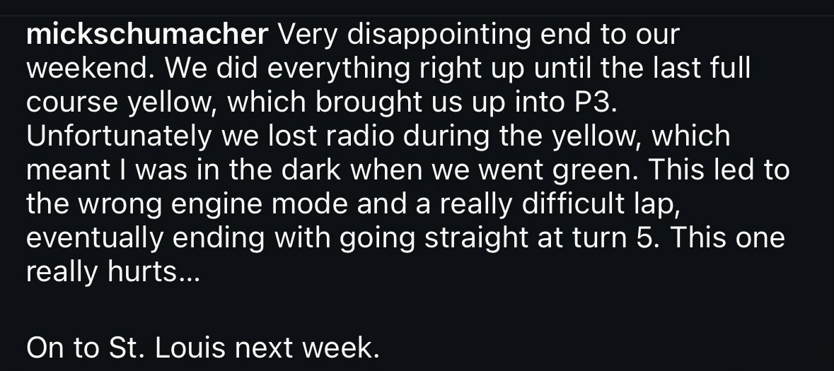 Hickey93's tweet photo. 𝗠𝗜𝗖𝗞 𝗦𝗖𝗛𝗨𝗠𝗔𝗖𝗛𝗘𝗥 sheds more light on his race, saying that radio issues compounded some mistakes that were made

#INDYCAR #DetroitGP💢 https://t.co/lSfbbZ00qr