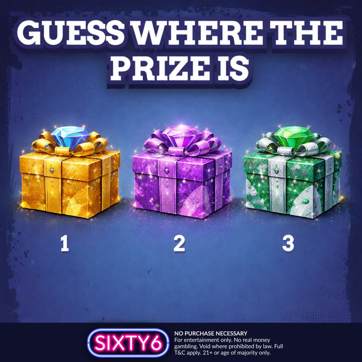 sixty6com's tweet photo. 🎁 Guess Where The Prize Is

Three mystery boxes.
Only one hides the prize.

1️⃣ Gold box
2️⃣ Purple box
3️⃣ Green box

🤔 Which one would you open?

💬 Comment 1, 2, or 3 and test your luck!   #free #freegames #freeplay

https://t.co/eyKAWLM0UO https://t.co/hcHwmAQq5h