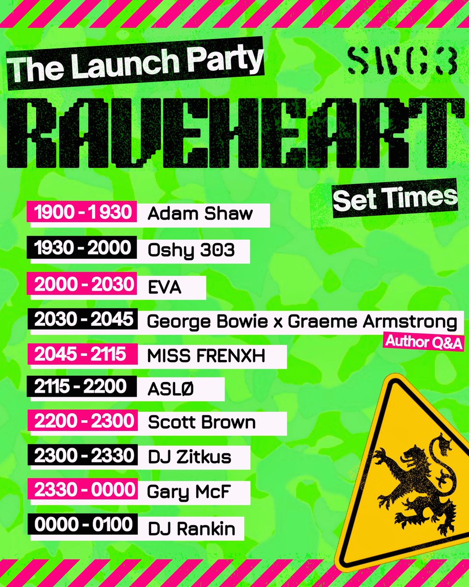 G_Armstrong21's tweet photo. SET TIMES - Raveheart: The Launch Party!!!

Not long to go, troops…  Catch yees in the rave cave 🏴󠁧󠁢󠁳󠁣󠁴󠁿🕶️

⚠️ This Wed⚠️
🕰️ 7pm-1am 
 🏰 @swg3glasgow 
🔞 18+ (ID req)
🦺 rave fits welcome

🎫 https://t.co/Yr0AHAQnWx

#Raveheart 
#GraemeArmstrong https://t.co/iZcG1IZ3yZ