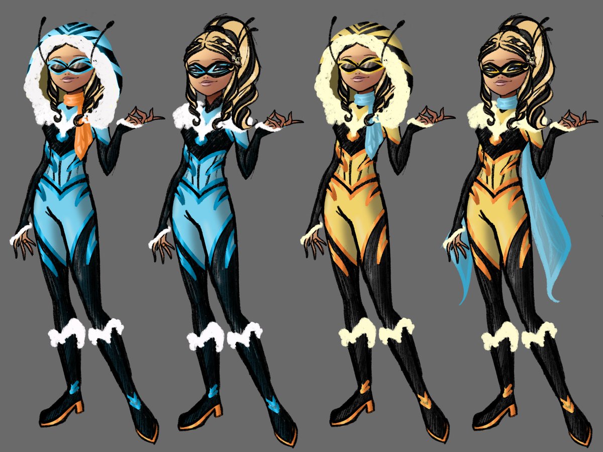 Aukusuke's tweet photo. Style Bee ✨
In an au where Chloe gets her redemption, Ladybug, after seeing Rena become Rena furtive tells Chloe to get a new identity and pretend she is a new holder. 

1st design- Chloe being extra and trying to be incognito.
2nd- Her actual hero design.
(Both with a blue alt) https://t.co/3FtXA5Xi4E