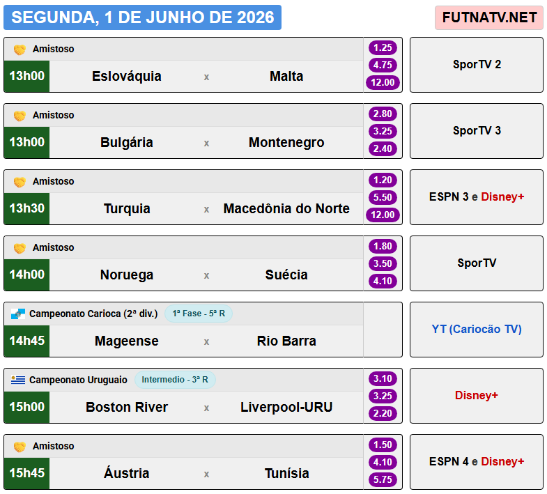 futnatv's tweet photo. A programação do futebol nesta segunda (1/6/2026) https://t.co/wpFm07Tqc8
