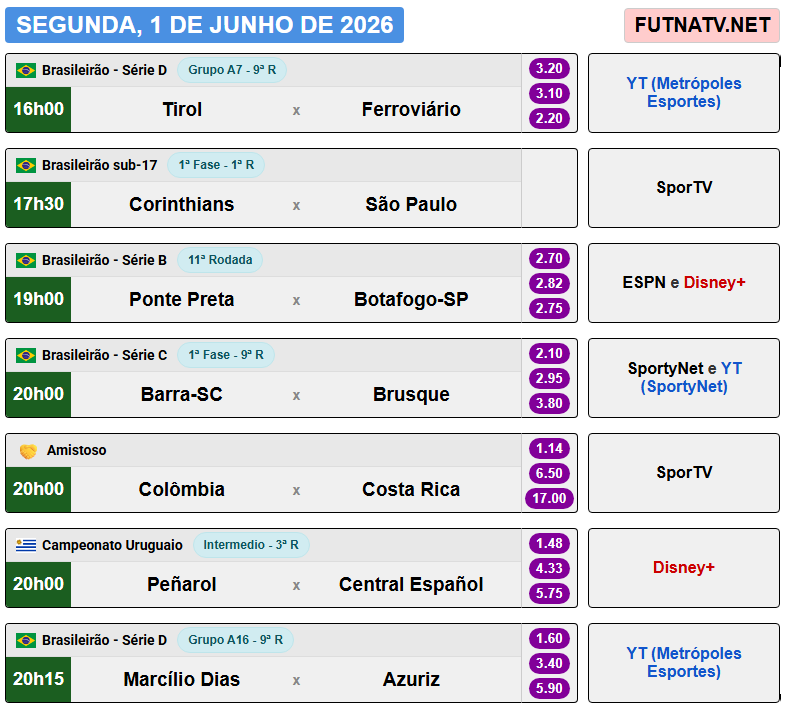 futnatv's tweet photo. A programação do futebol nesta segunda (1/6/2026) https://t.co/wpFm07Tqc8
