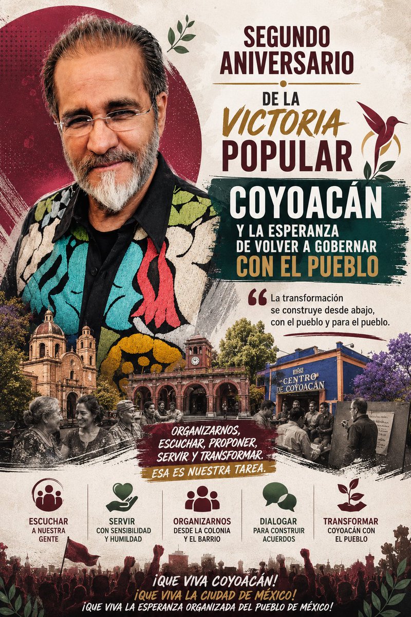 RENE_BEJARANO_M's tweet photo. Hace dos años el pueblo eligió seguir transformando México. Hoy el reto es fortalecer esa esperanza desde nuestras colonias, barrios y comunidades.

Con organización, cercanía y trabajo, Coyoacán volverá a gobernarse con el pueblo.

 https://t.co/wuEvNAPgT6 https://t.co/L5zsh5PO5A