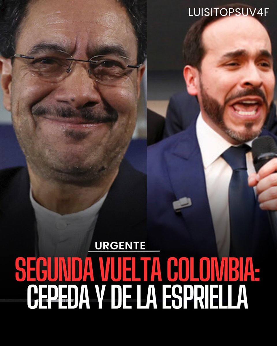 LuisitoPSUV4F's tweet photo. #ULTIMOHORA 🇨🇴 DURO GOLPE AL URIBISMO. La Registraduría confirmó la segunda vuelta para el 21 de junio. De la Espriella lideró con 10.118.924 votos (43,77%), mientras Iván Cepeda alcanzó 9.451.732 apoyos (40,88%). El uribismo sufrió un colapso histórico con el 6,86%. https://t.co/iJSgRV4TQL