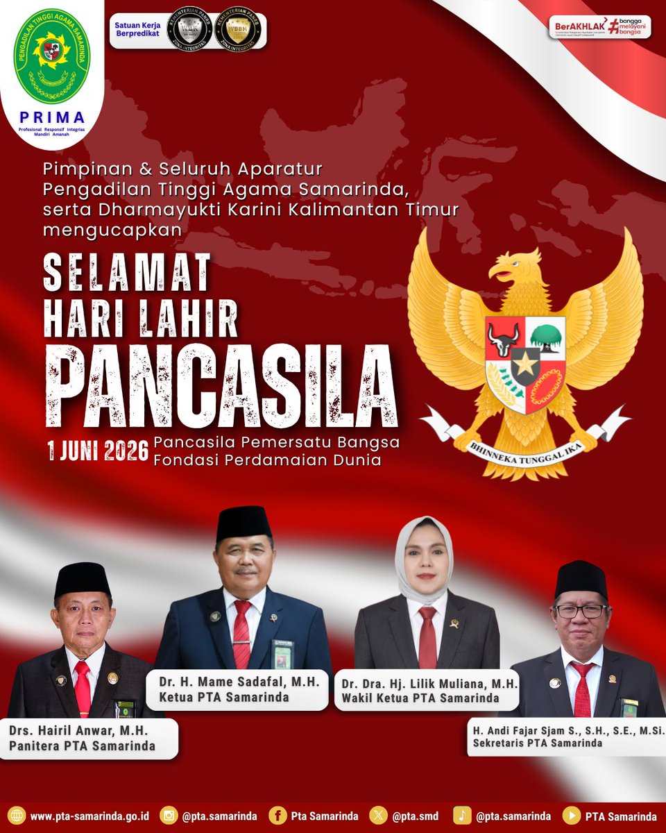 ptasmd's tweet photo. Pimpinan &amp; Seluruh Aparatur PTA Samarinda, serta Dharmayukti Karini Kalimantan Timur mengucapkan Selamat Hari Lahir Pancasila, 1 Juni 2026.
"Pancasila Pemersatu Bangsa Fondasi Perdamaian Dunia."
.
.
#PTASamarindaPRIMA
#PTASamarinda
#HariLahirPancasila
.
.
Adm H https://t.co/IA0ka5nlAl