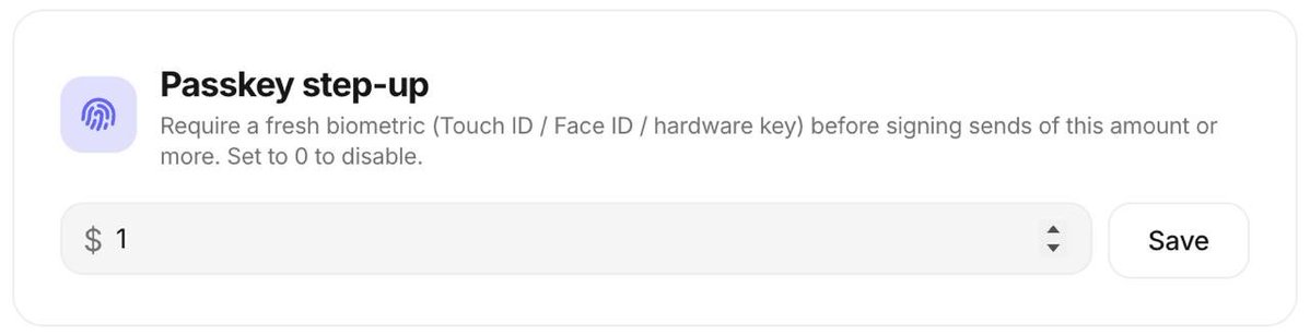 UsdpBase's tweet photo. BASEUSDP now supports passkey step-up for large sends.

Set a USD threshold in Settings, and any send at or above it requires a fresh biometric (Touch ID, Face ID, or hardware key) before your wallet signs.

Layered security for high-value transfers, optional, configurable per device.