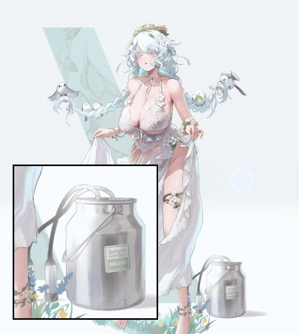nikkepedia_jp's tweet photo. トリナのコスチューム「ナチュラルホワイト」の背景に置かれているのは、家畜の乳を搾るための「バケットミルカー」と呼ばれるものです。ライナーと呼ばれる円筒状の筒を家畜の乳頭に装着し、密閉された器具内の気圧を下げ、気圧差で牛乳を搾る（吸引）酪農器具です。面白いのは気圧差を利用しライナー内のゴム部品を収縮させることで、子牛が母牛のおっぱいを吸う動きを再現しているのです。写真はホルスタイン用（4分房）ミルカーなのでライナーが4本あります。トリナの背景の物はヤギ・ヒツジ用（2分房）ミルカーと思われます。人間も2分房ですが家畜用なので使えません。

え？ニケは��間じゃないからこれで絞れるって？

そうかな…　そうかも…
