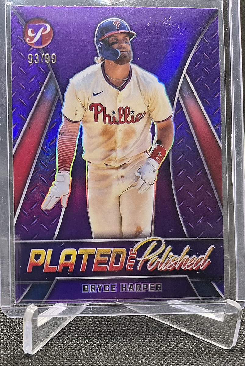 JrNoble1's tweet photo. 3 card Harper mailday yesterday. 2025 Pristine Plated &amp; Polished Purple /99, 2026 Bowman Pattern Gold /50 &amp; Green /99. https://t.co/Ycc81mtMV6