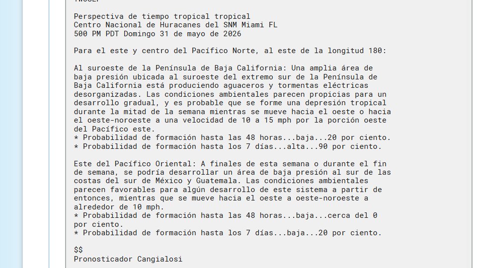 CycloforumsPR's tweet photo. [Perspectiva Tropical Pacifico Nor-Oriental 5 PM hora del Pacifico]
El area lejos de Baja California Sur tiene probabilidades de 20% en 2 dias y 90% en 7 dias mientras la otra area de interés que podria formarse para el proximo fin de semana al sur de Guatemala y Mexico tiene 20% en 7 dias.
LMR
@AlertaChiapas @AlertaGt502 @ChiapasMeteo @DavidPalaciosD @esereno @MeteoJalMX @stmsin @donderisja