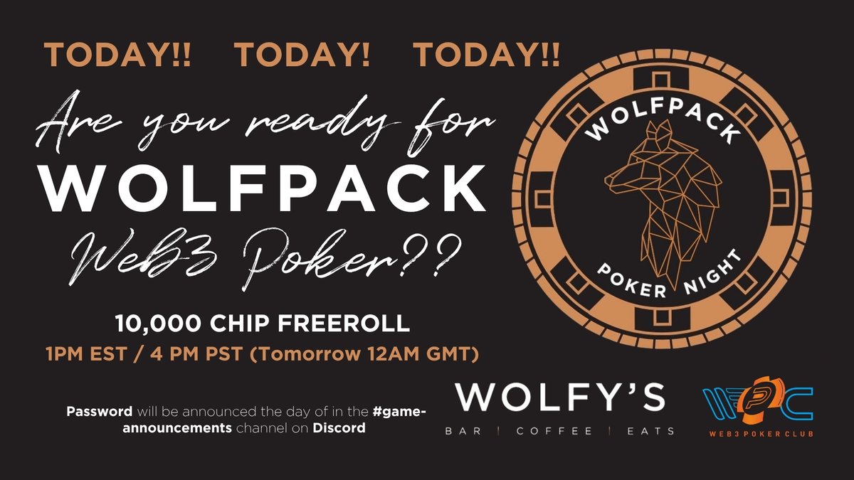 WolfysBar's tweet photo. Time to test your poker face, Pack.

Wolfpack Web3 Poker begins in a few hours with 21 $RWRDs waiting for the top 5 finishers.

Password coming soon in #game-announcements. Need help registering? Open a ticket in Discord. https://t.co/vsujiA5pSQ